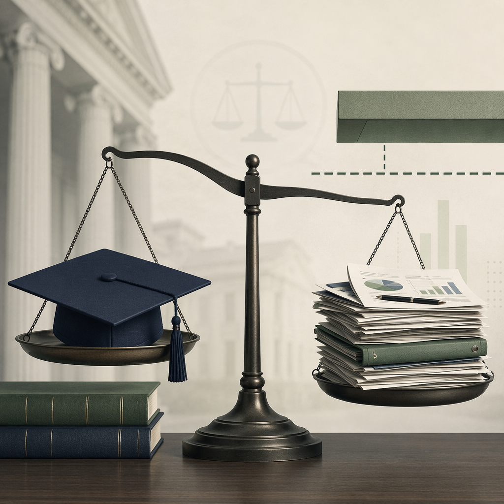 Law school graduation cap balanced against loan documents under a borrowing ceiling