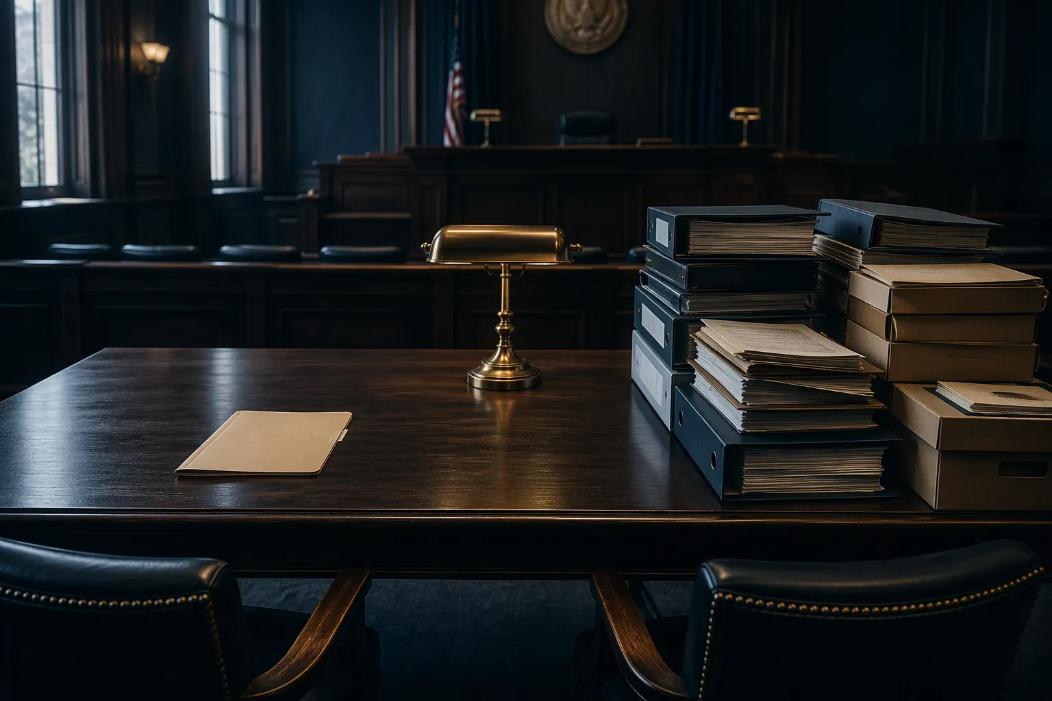 Courtroom counsel table with one side nearly bare and the other stacked with binders and evidence boxes
