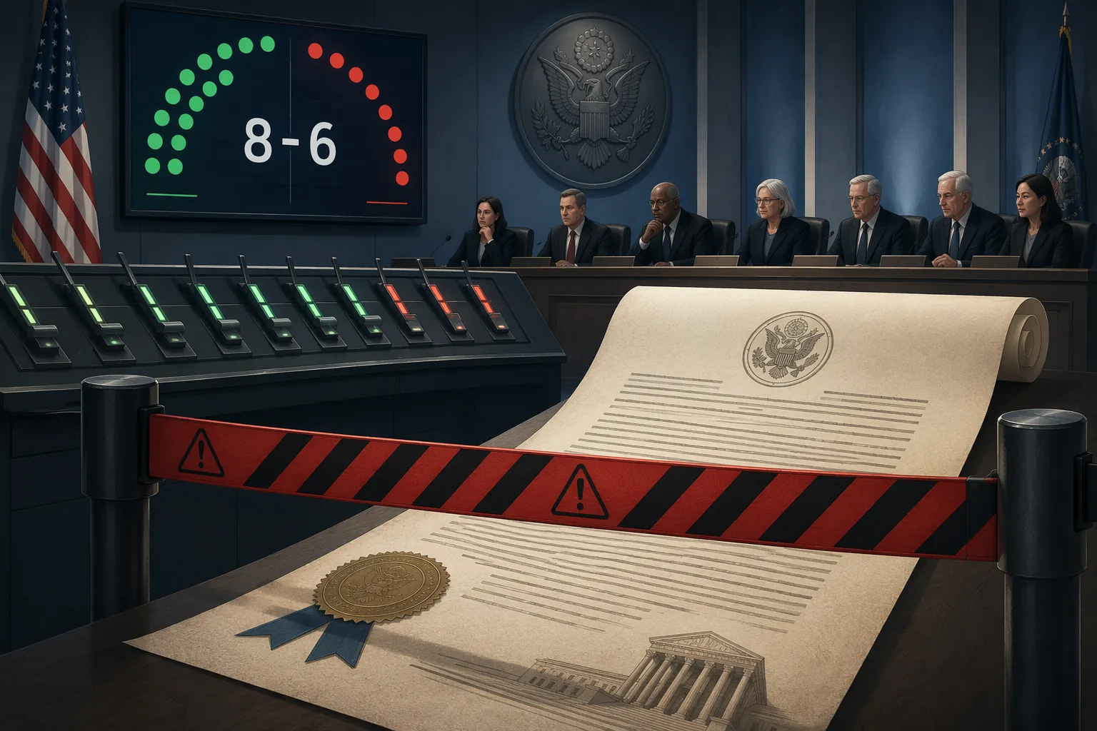 Committee room showing an 8-6 vote with caution tape across an official document