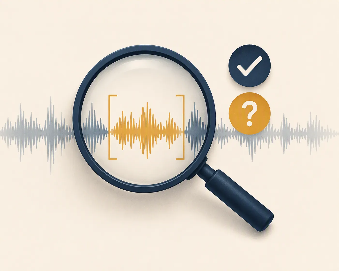 Magnifying glass examining a short highlighted segment of an audio waveform