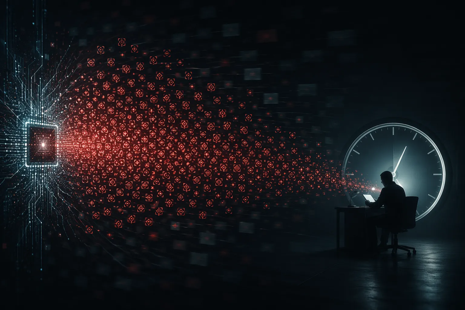 Targeting crosshairs streaming from an algorithmic core toward a human reviewer beside a clock
