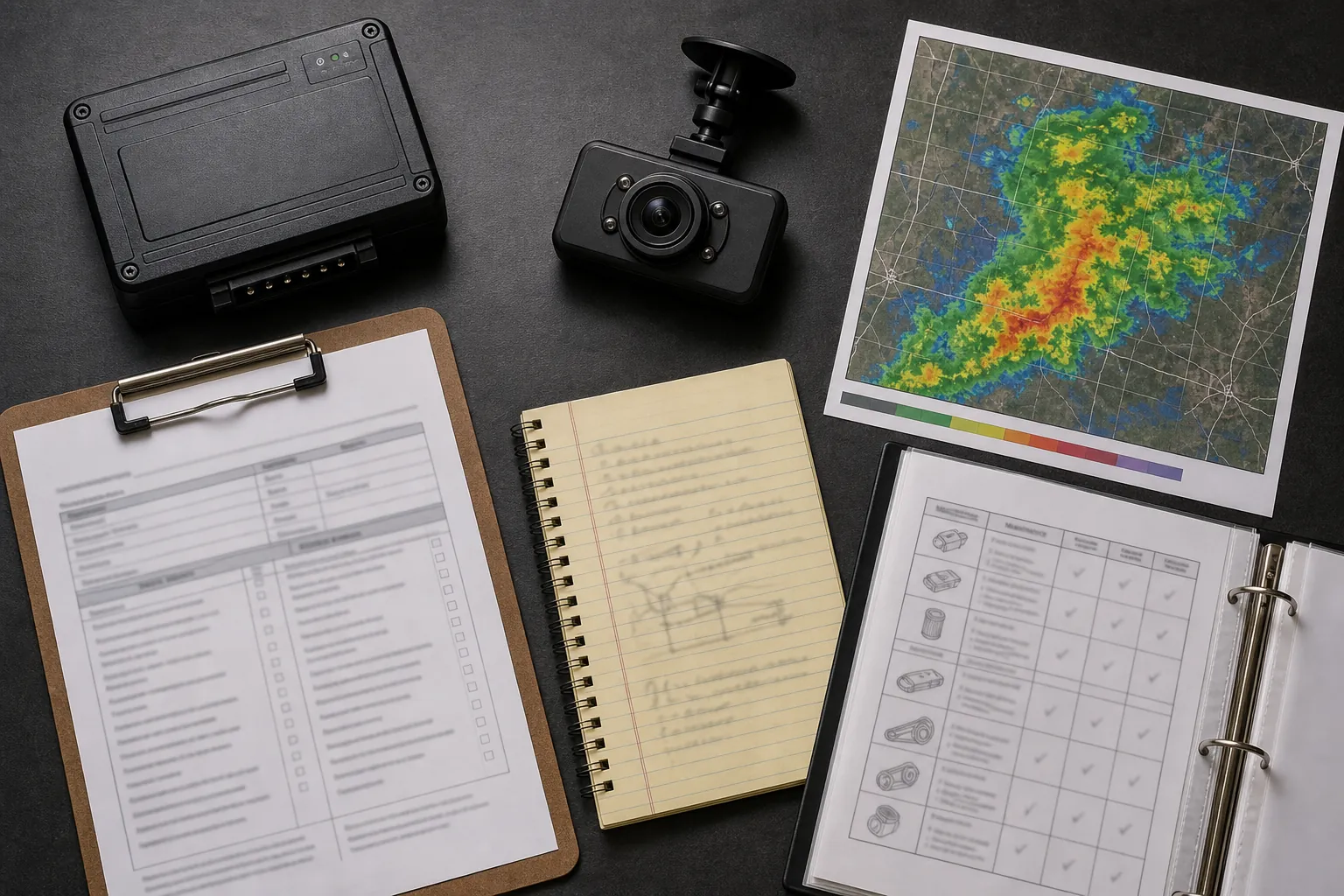 Truck accident evidence including an electronic logging device, dashcam, weather radar map, maintenance log, and notebook