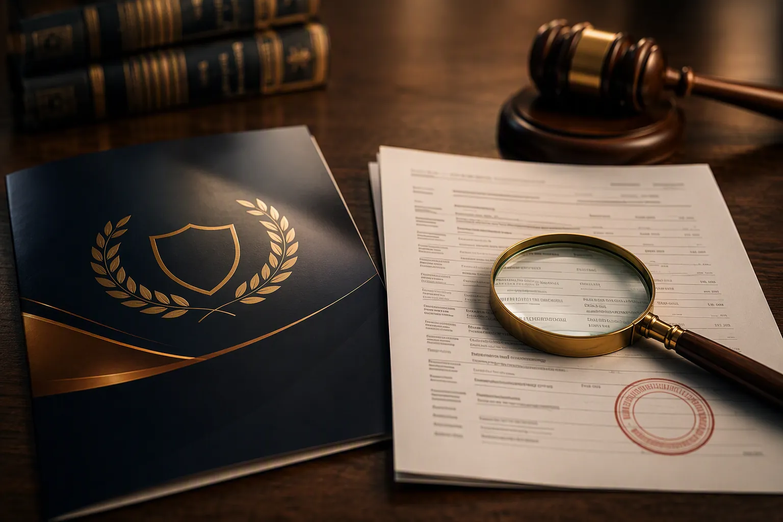 Law-firm brochure beside a stamped court docket sheet under a magnifying glass