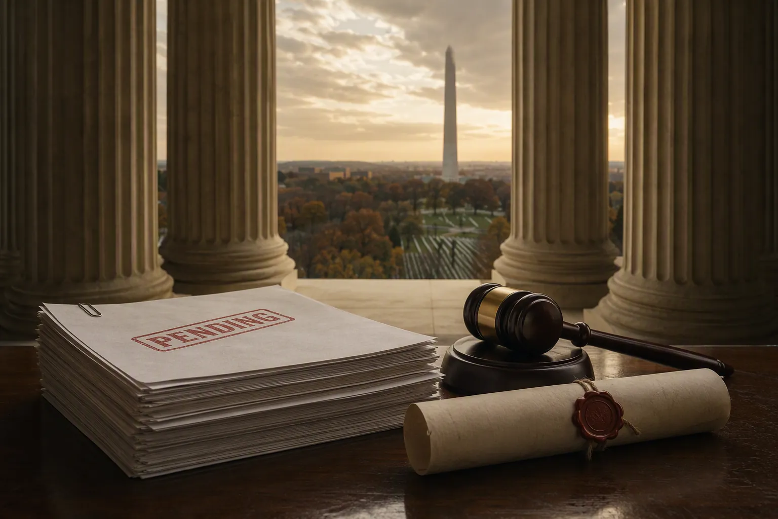 Federal courthouse lobby with legal briefs marked pending and a distant view toward Arlington National Cemetery