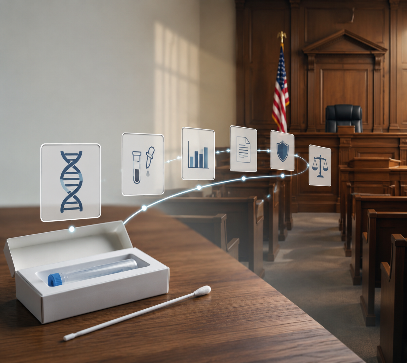 At-home DNA test kit leading toward courtroom documents and a judge's bench