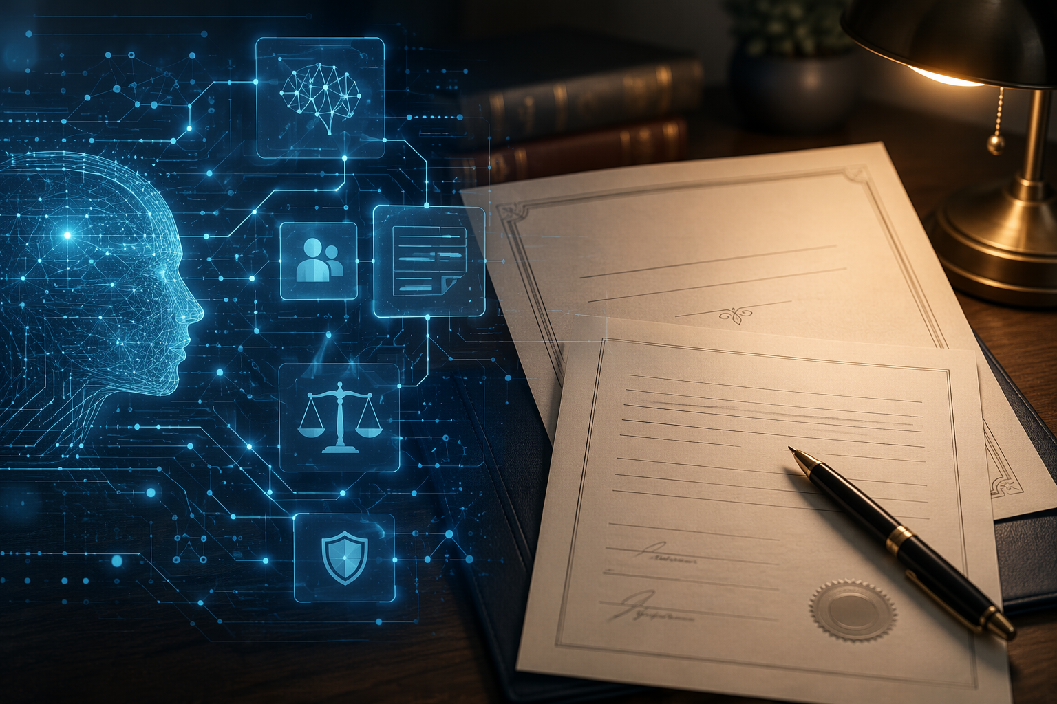 AI interface elements merging with estate planning documents on a law-office desk