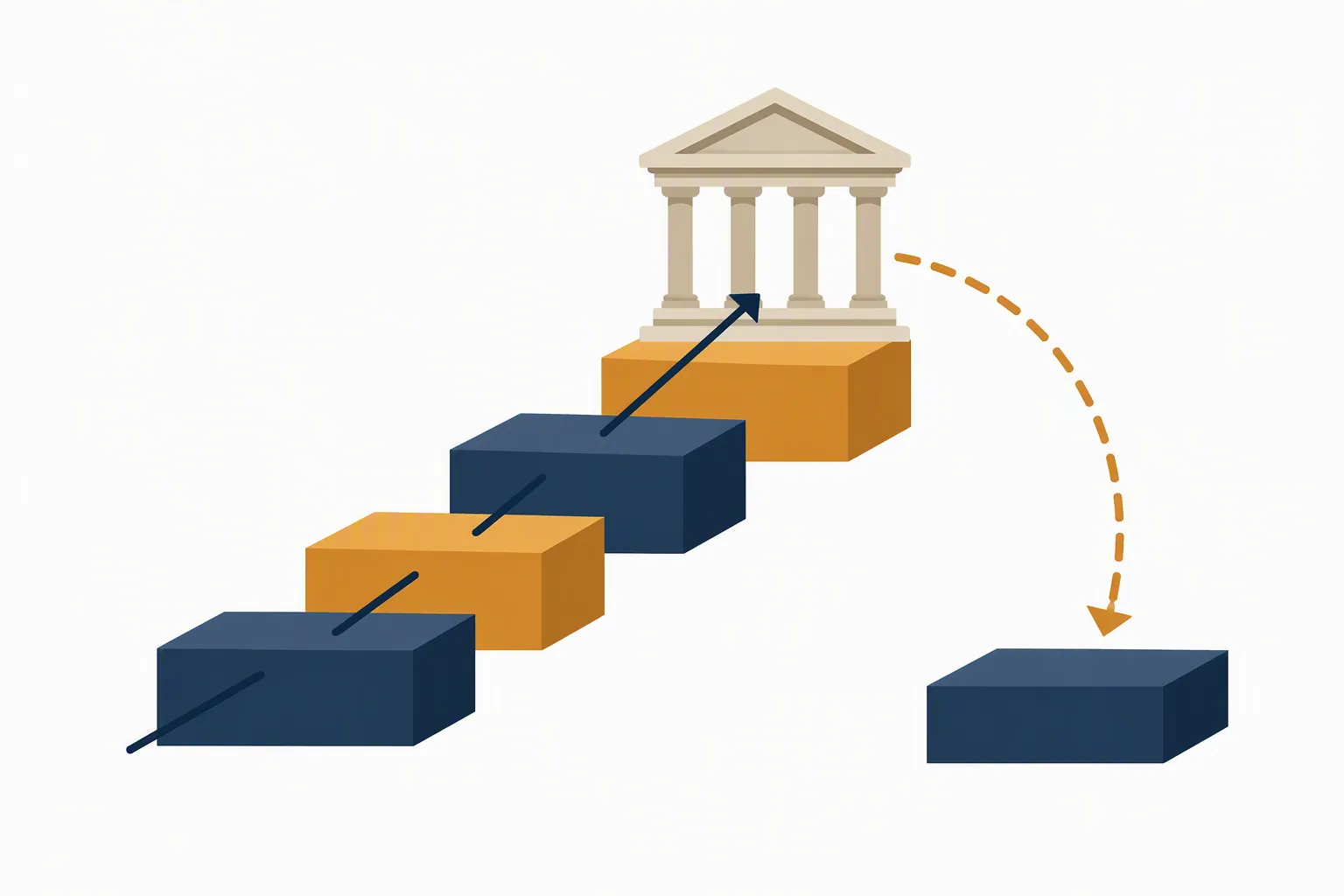Illustration of an appeals path rising to a courthouse and returning to a lower podium for a merits trial