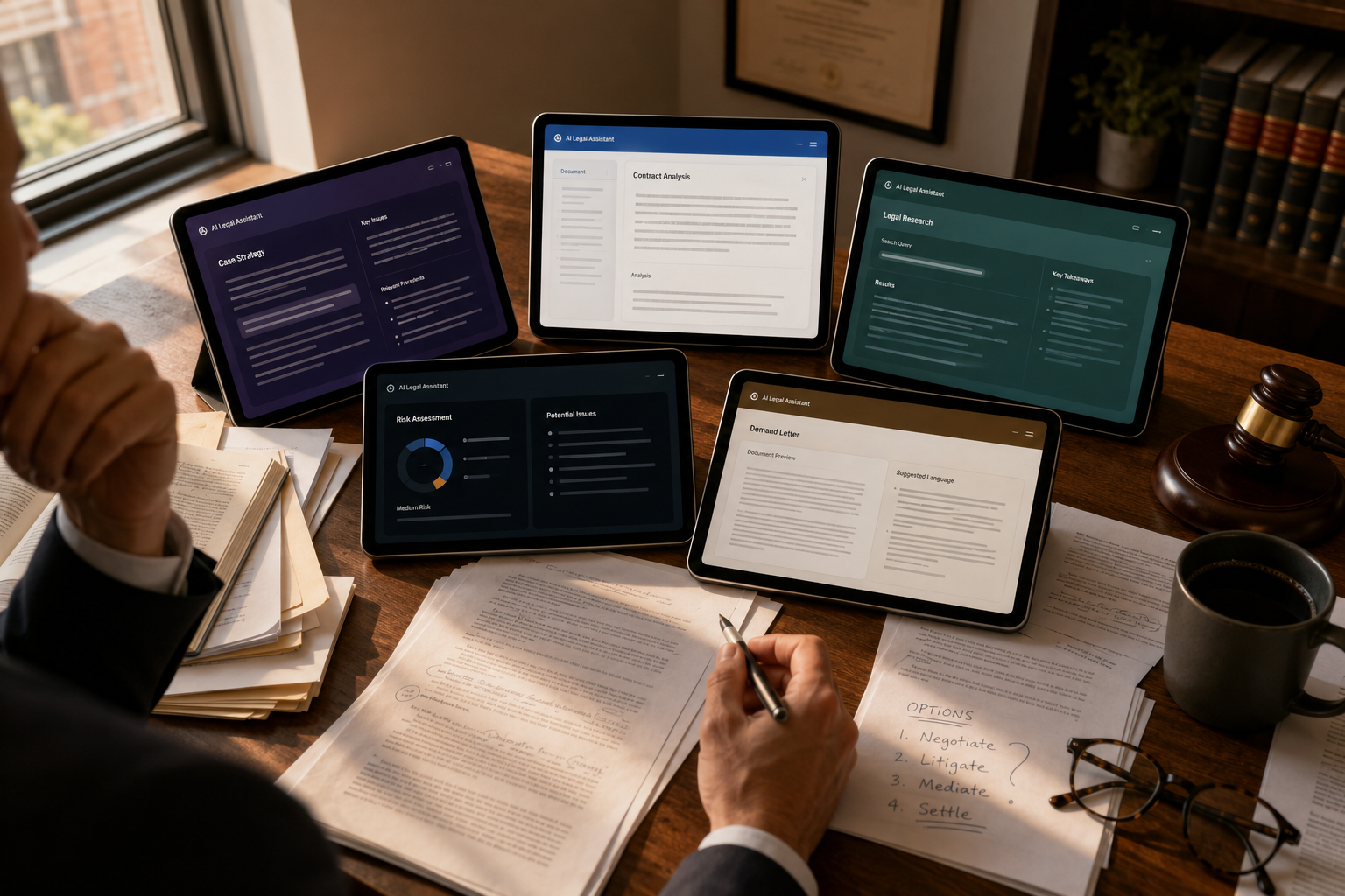 Solo lawyer reviewing several AI legal assistant interfaces at a desk with legal documents and a gavel