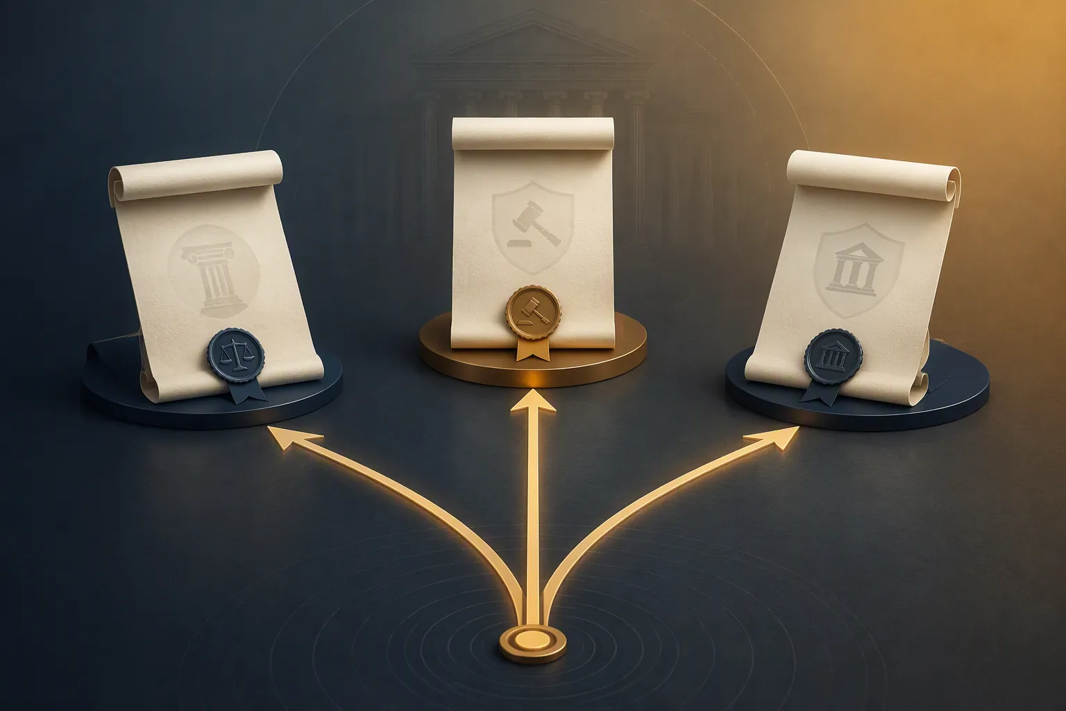 Three legal documents diverging from a single origin point