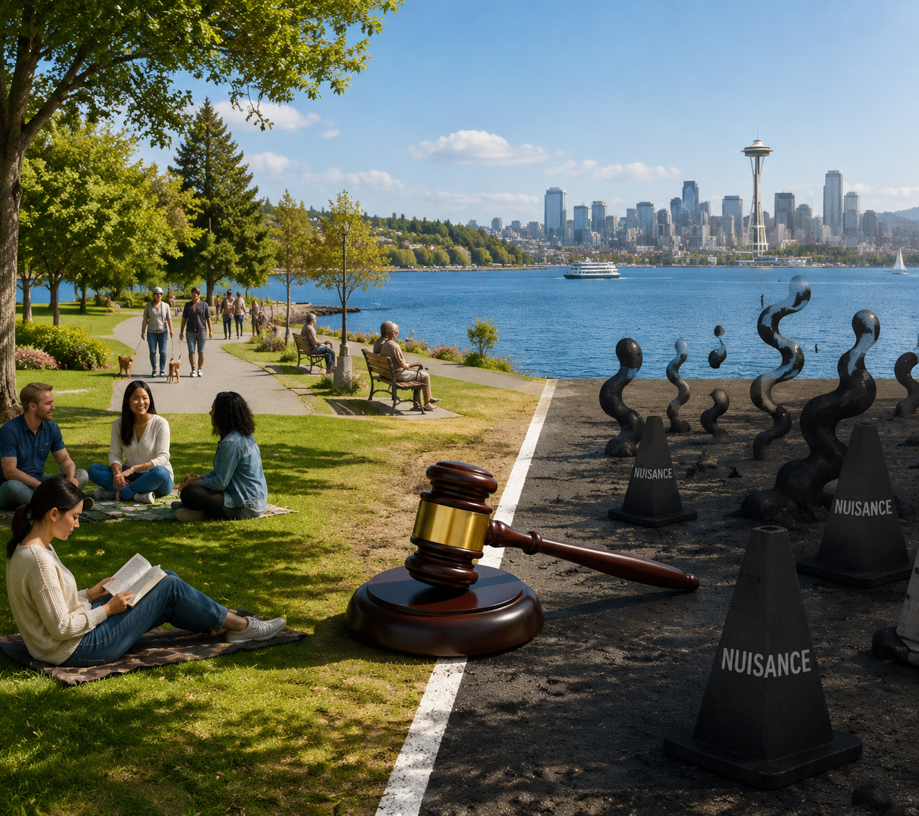 Judge's gavel dividing a Seattle lakeside park scene from abstract nuisance shapes