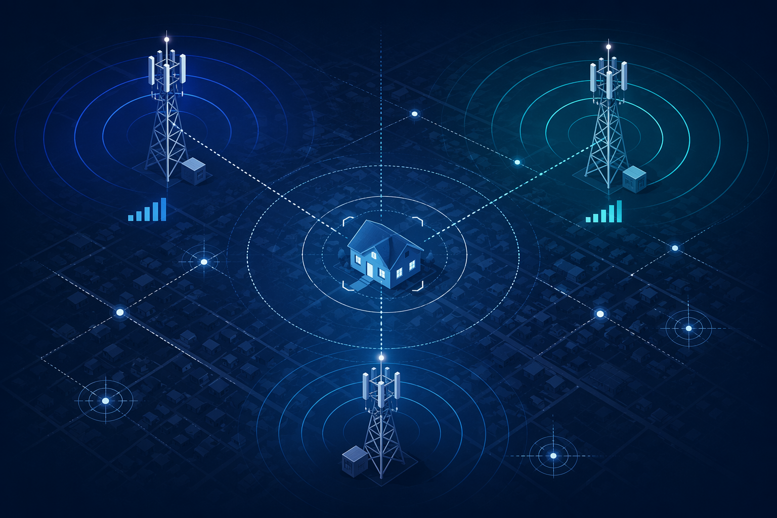 Cell towers emitting overlapping signal arcs toward a home with triangulation markers