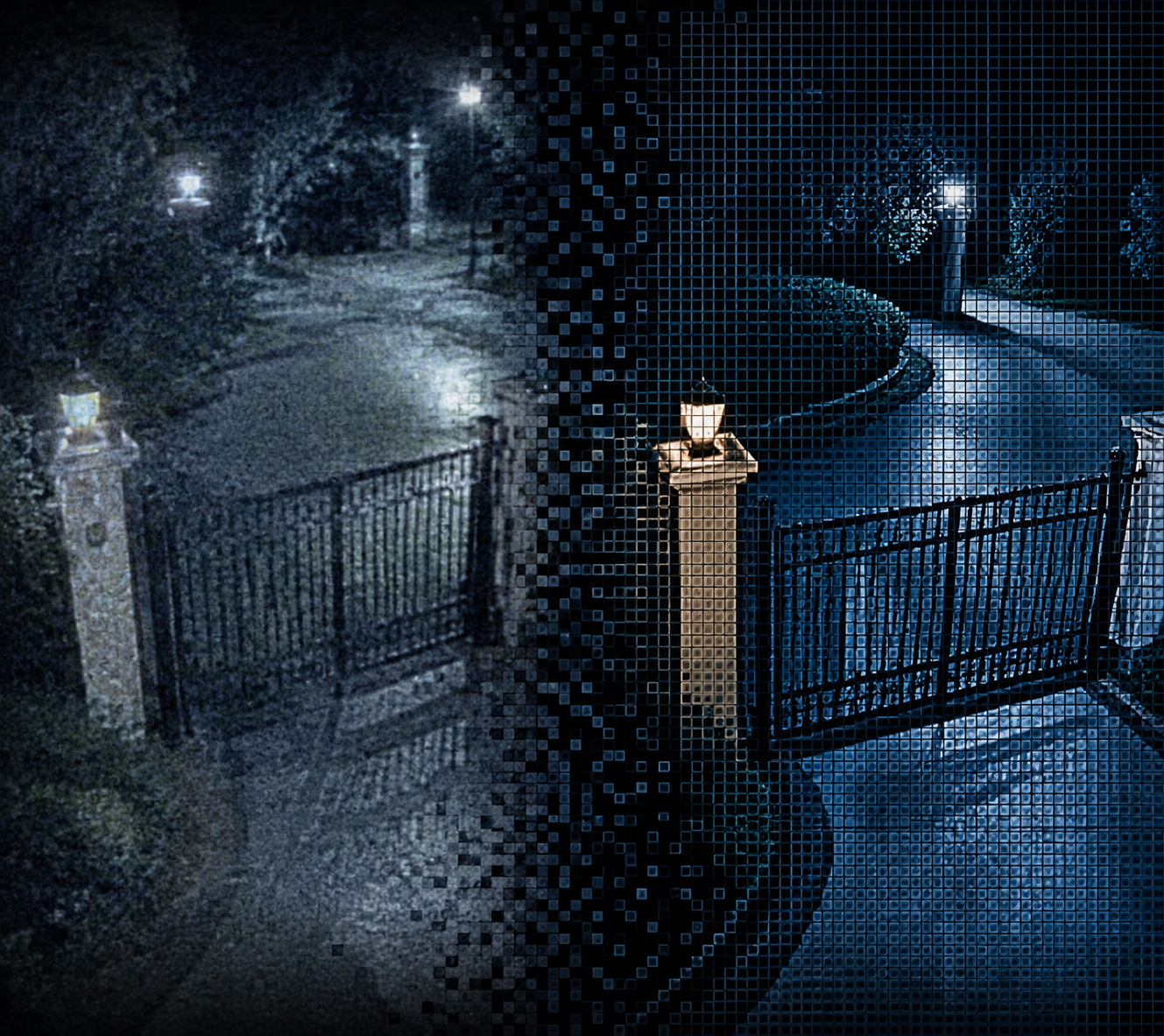 Grainy surveillance view of an estate gate with one side sharpening into artificial pixels