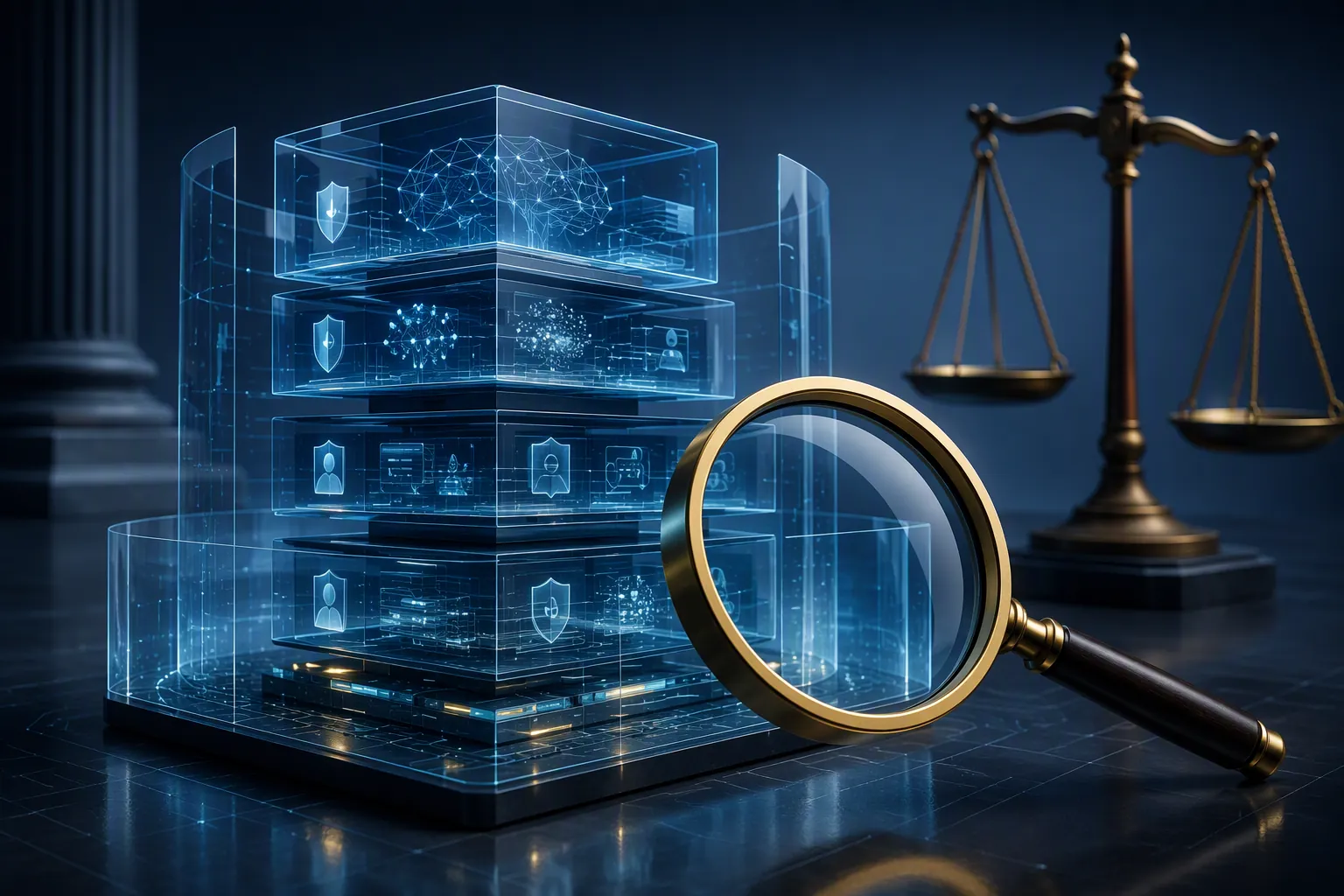 Translucent multi-layered AI agent architecture examined through a legal magnifying glass beside a scale of justice