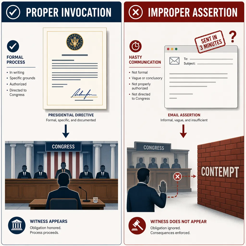 Comparison of proper presidential privilege invocation and a hasty email leading to contempt