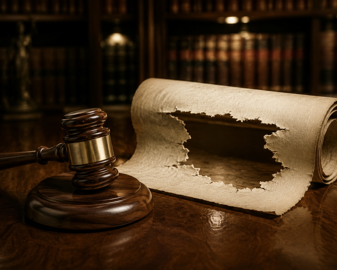 A gavel beside a government document with a torn missing section suggesting removed regulatory definitions