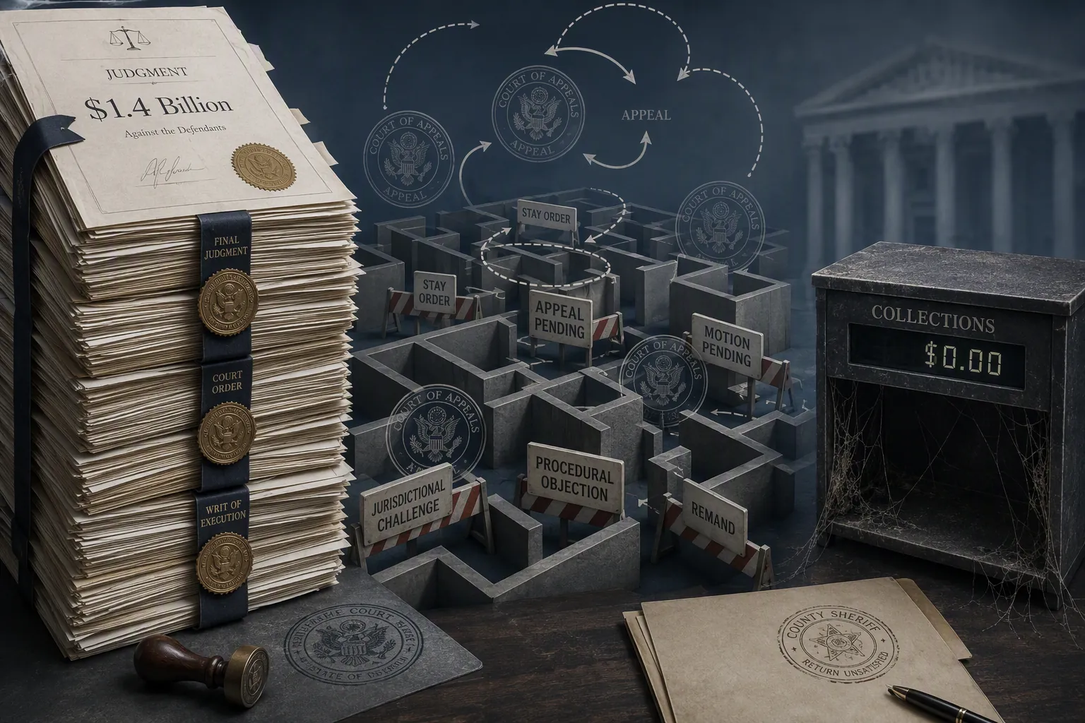 A stack of legal judgment documents marked $1.4 Billion beside an empty collection box marked 0.00, separated by a procedural maze of court seals and appeal arrows