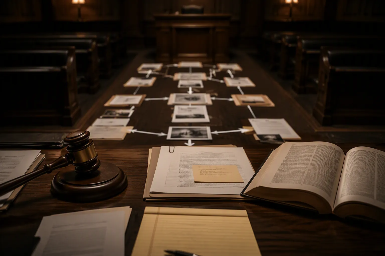 Judicial bench with evidentiary documents and case files arranged in a structured pathway