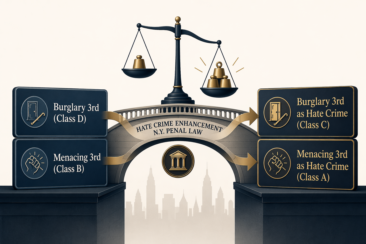 Legal infographic showing ordinary charges transforming into enhanced hate crime charges