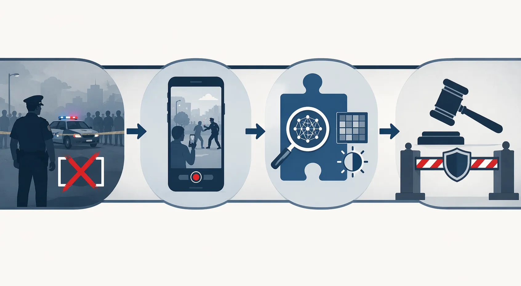 Pipeline from missing body camera footage to bystander video, AI analysis, and a courtroom admissibility threshold
