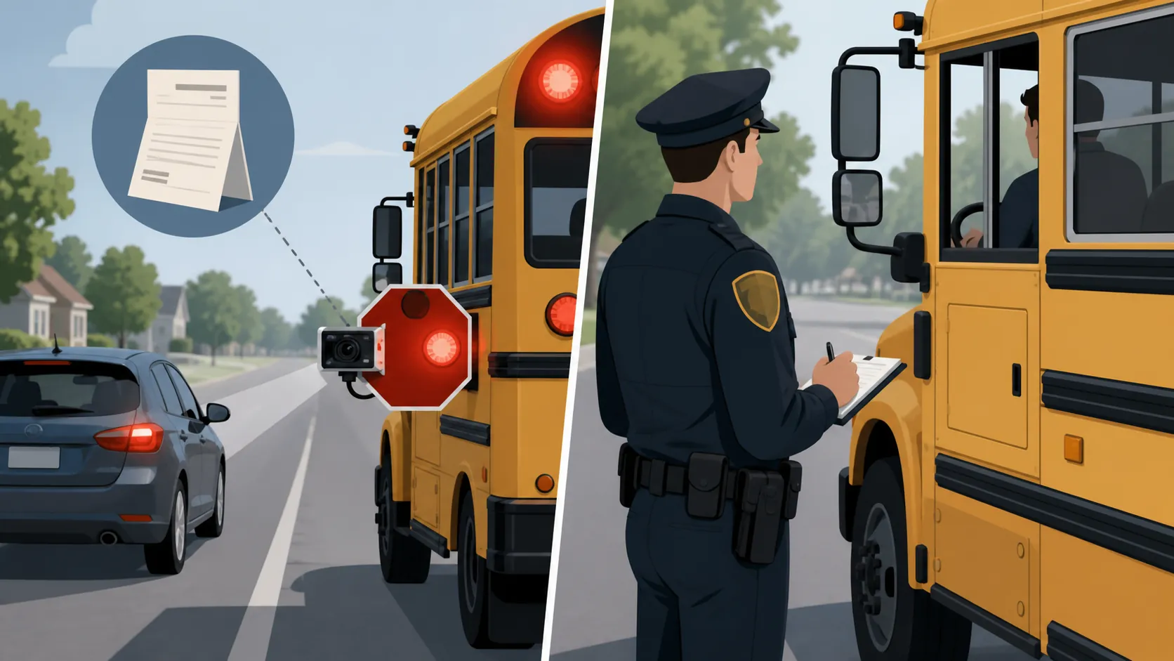 Passing a stopped school bus penalty depends on the camera