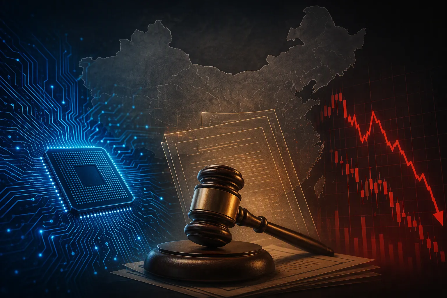Semiconductor circuits, legal documents, a gavel, a falling stock chart, and a faint China map silhouette