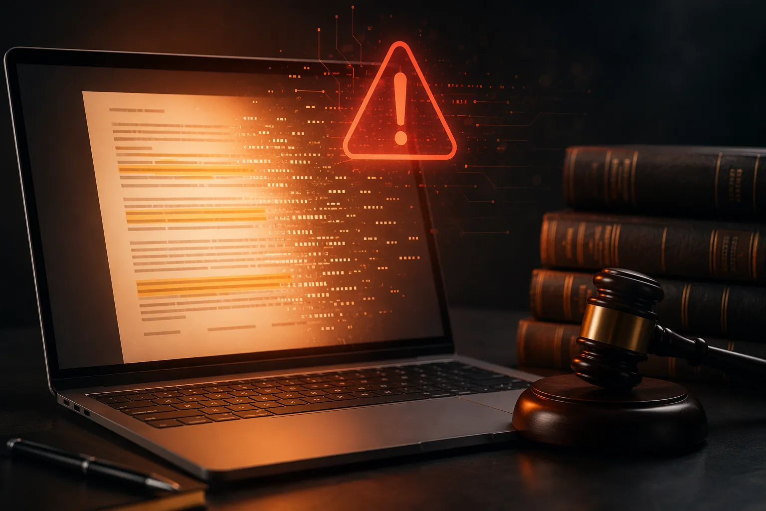 Laptop showing a legal brief with fragmented text and a warning symbol beside a gavel and law books