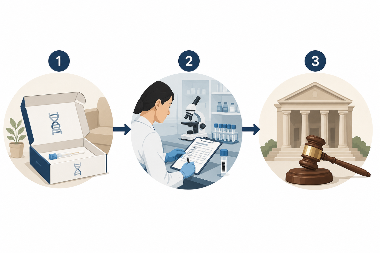 Three-step process from at-home DNA test to chain-of-custody laboratory testing to courthouse