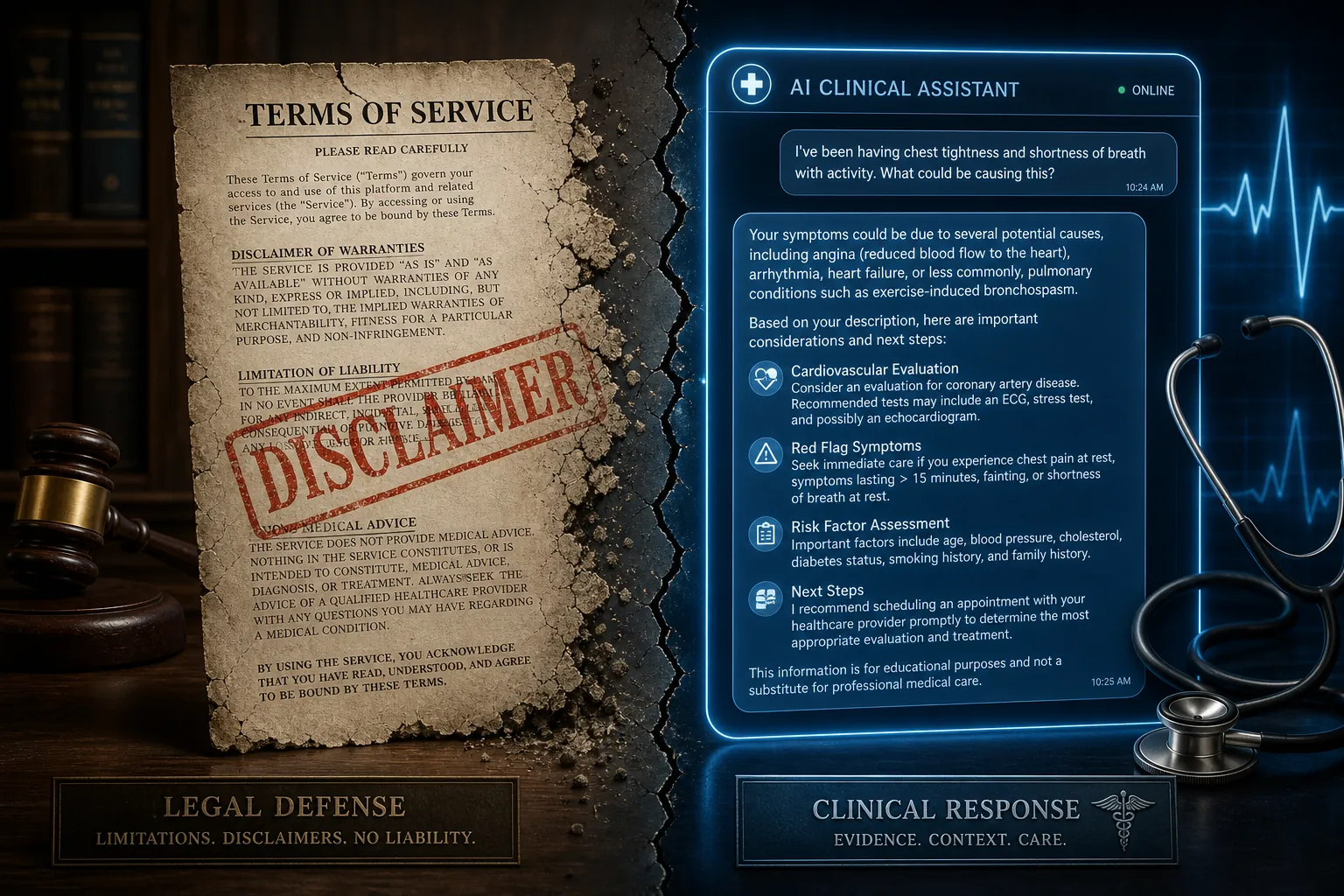 Disclaimer document split from a clinical chatbot interface