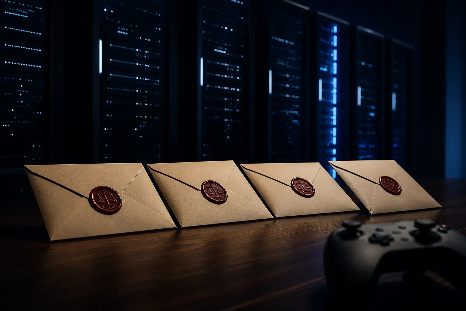 Sealed legal envelopes on a dark desk with server racks and a game controller in the background