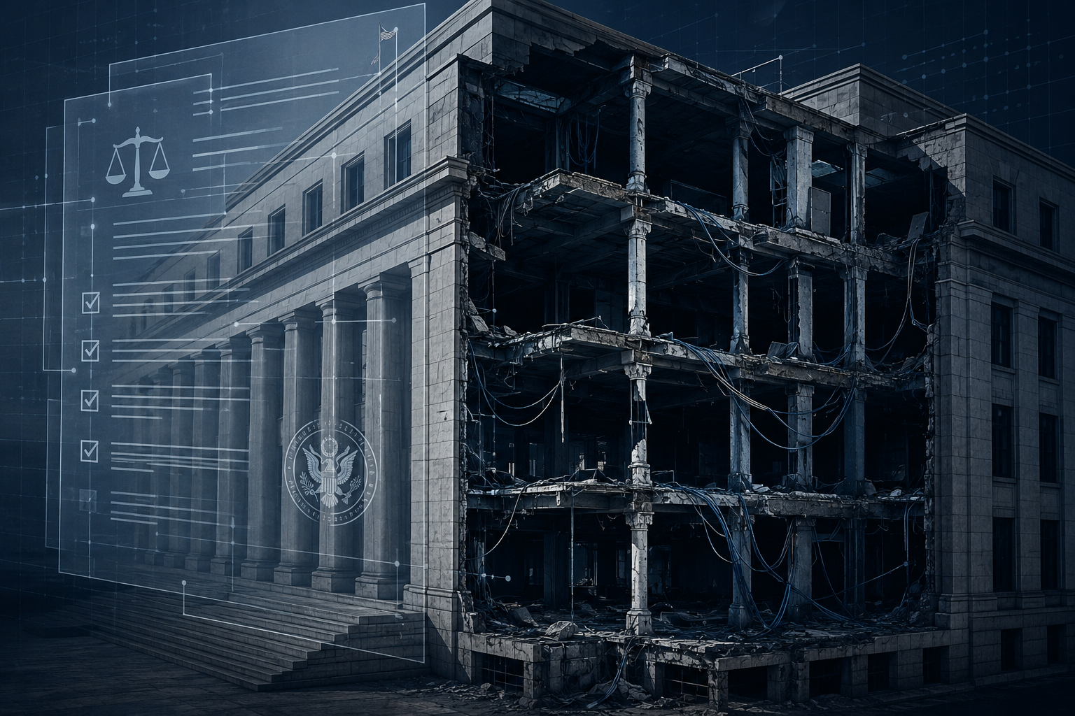 Government building facade overlaid with legal documents while the interior appears hollowed out
