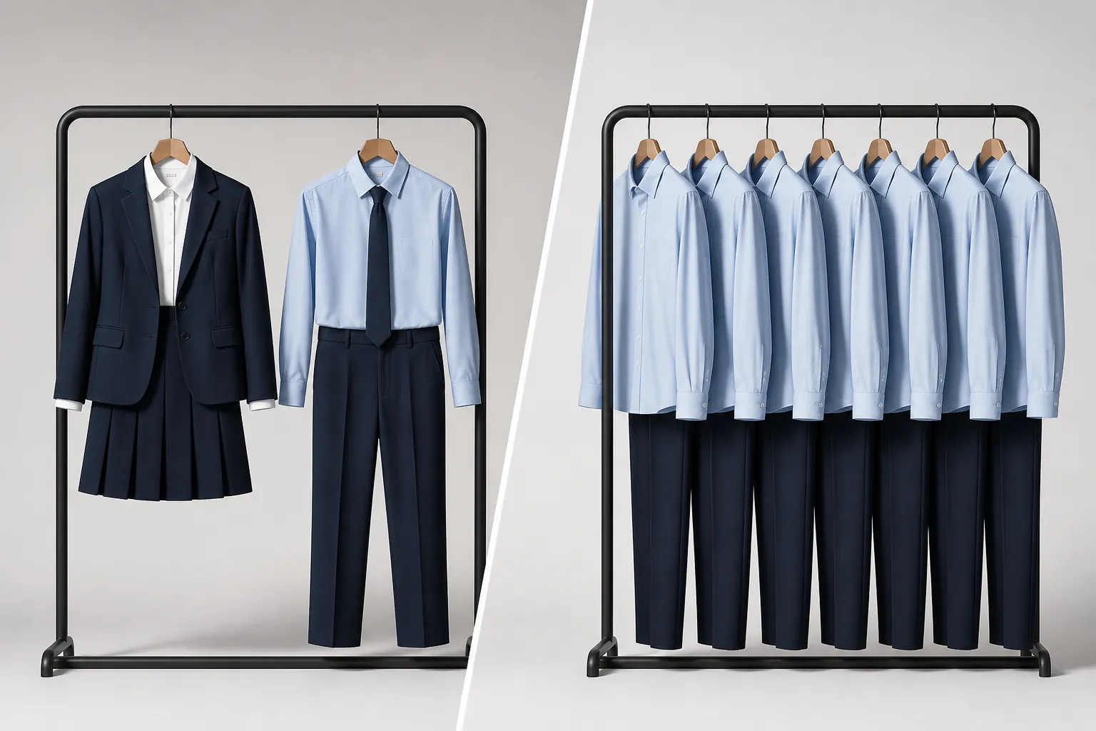 Before-and-after illustration comparing gendered uniforms with identical shirts and trousers