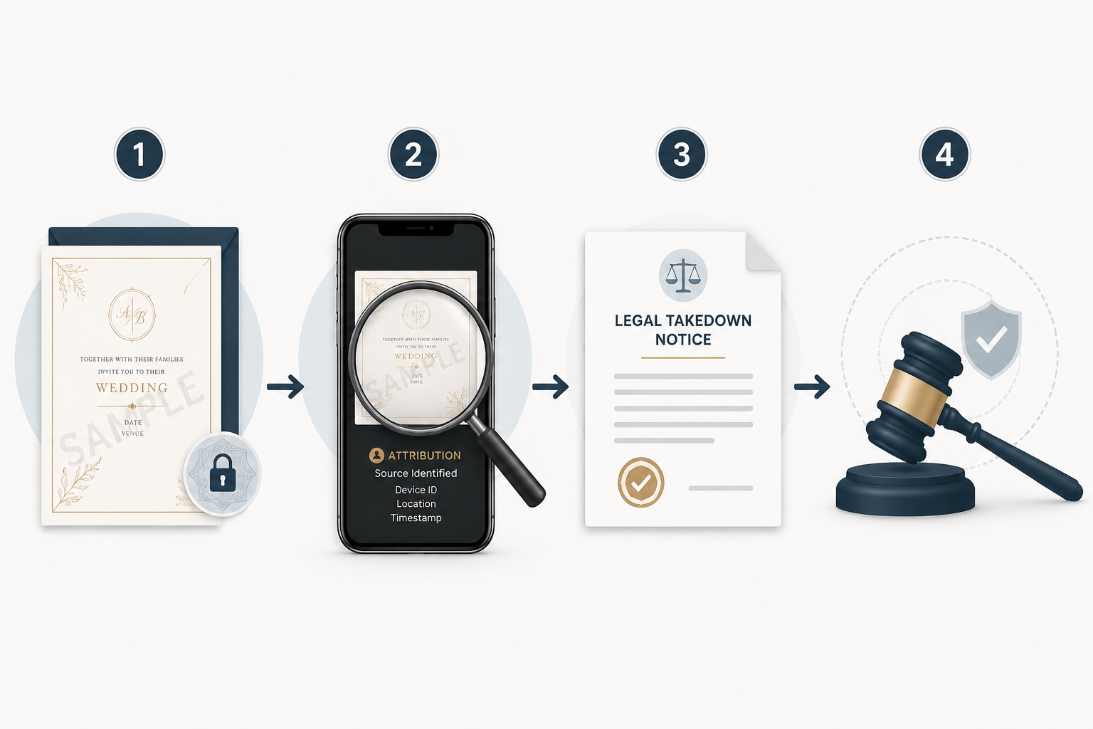 Infographic showing NDA enforcement stages from watermarked invitation to attribution, takedown notice, and injunctive relief