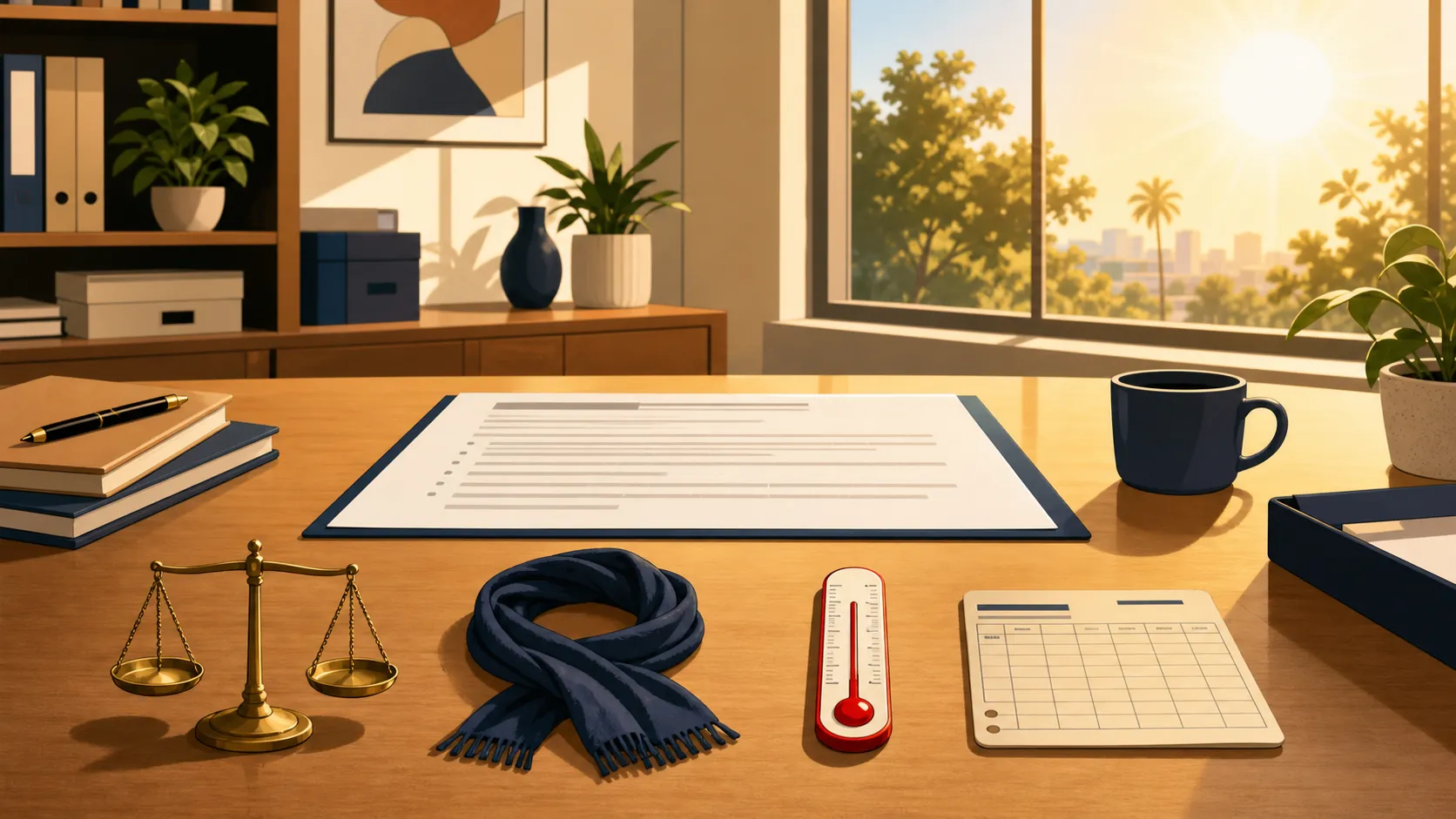 HR desk with dress-code policy, balance scales, headscarf, thermometer, and payroll time card in summer light