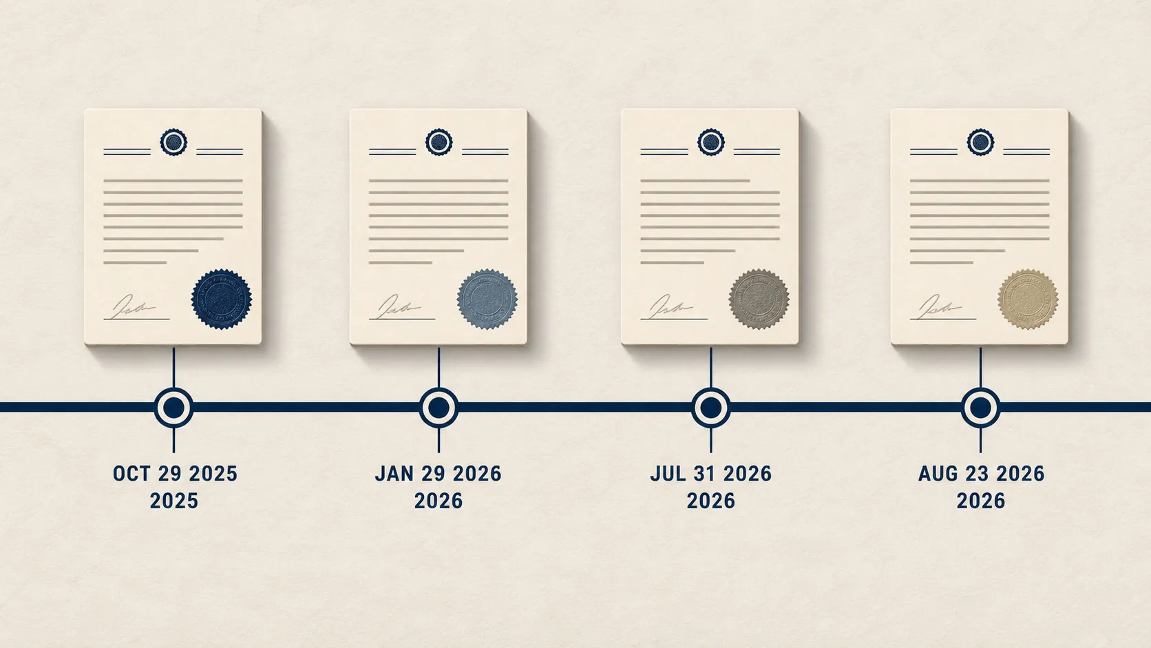 Timeline showing Oct. 29, 2025, Jan. 29, 2026, July 31, 2026, and Aug. 23, 2026 case dates