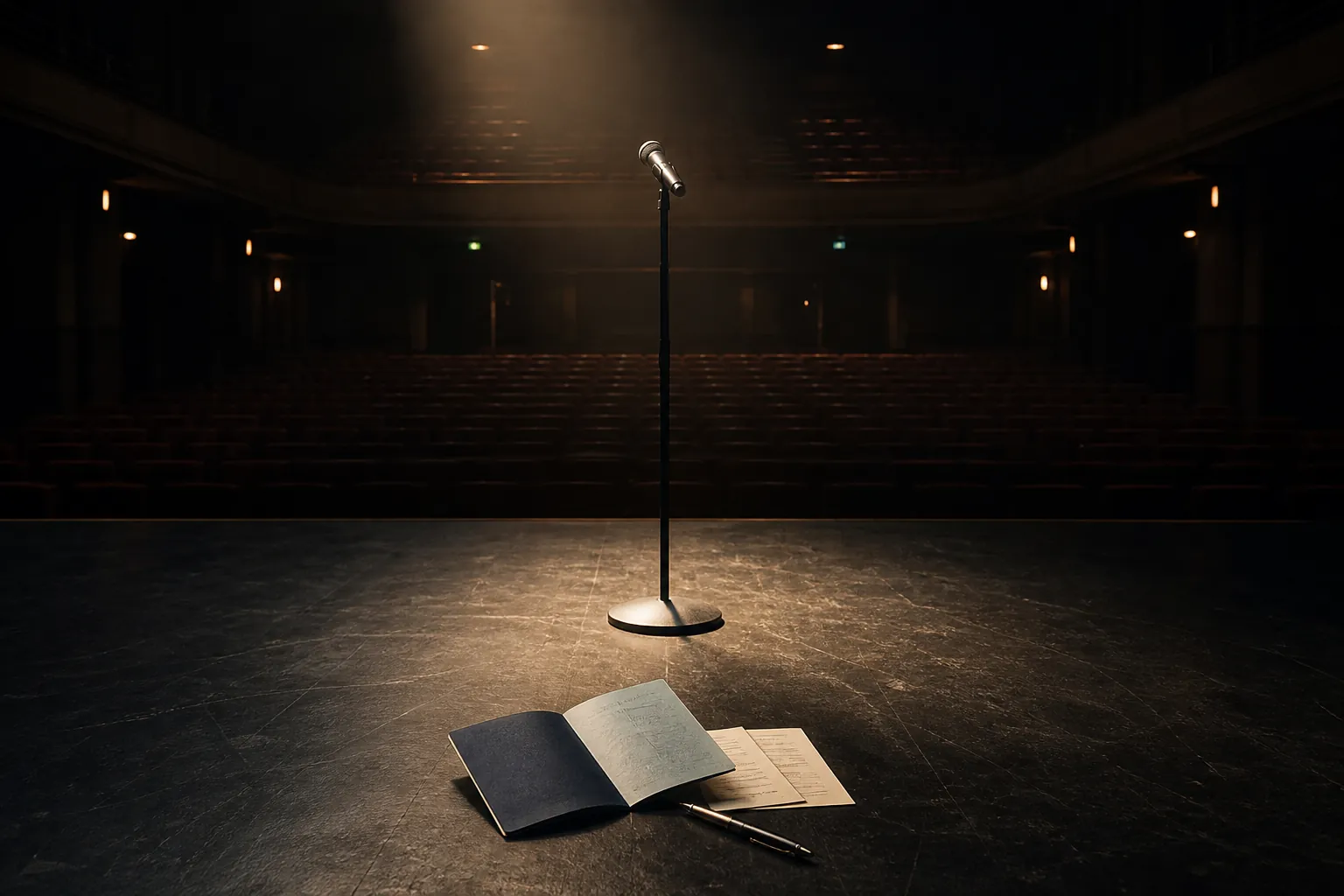 Empty concert stage with a microphone, passport, and documents