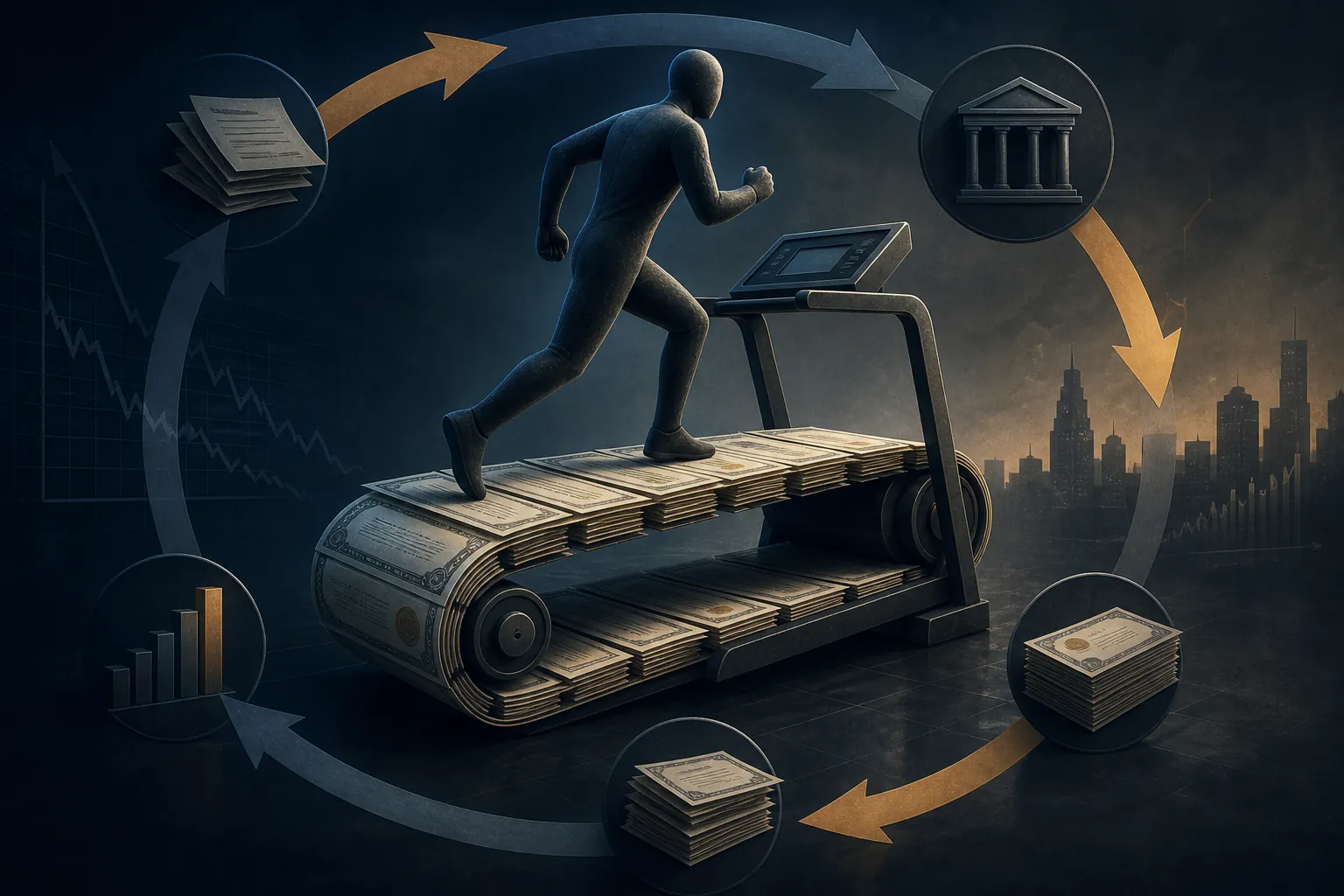 Abstract figure running on a treadmill made of stacked bond documents in a refinancing loop