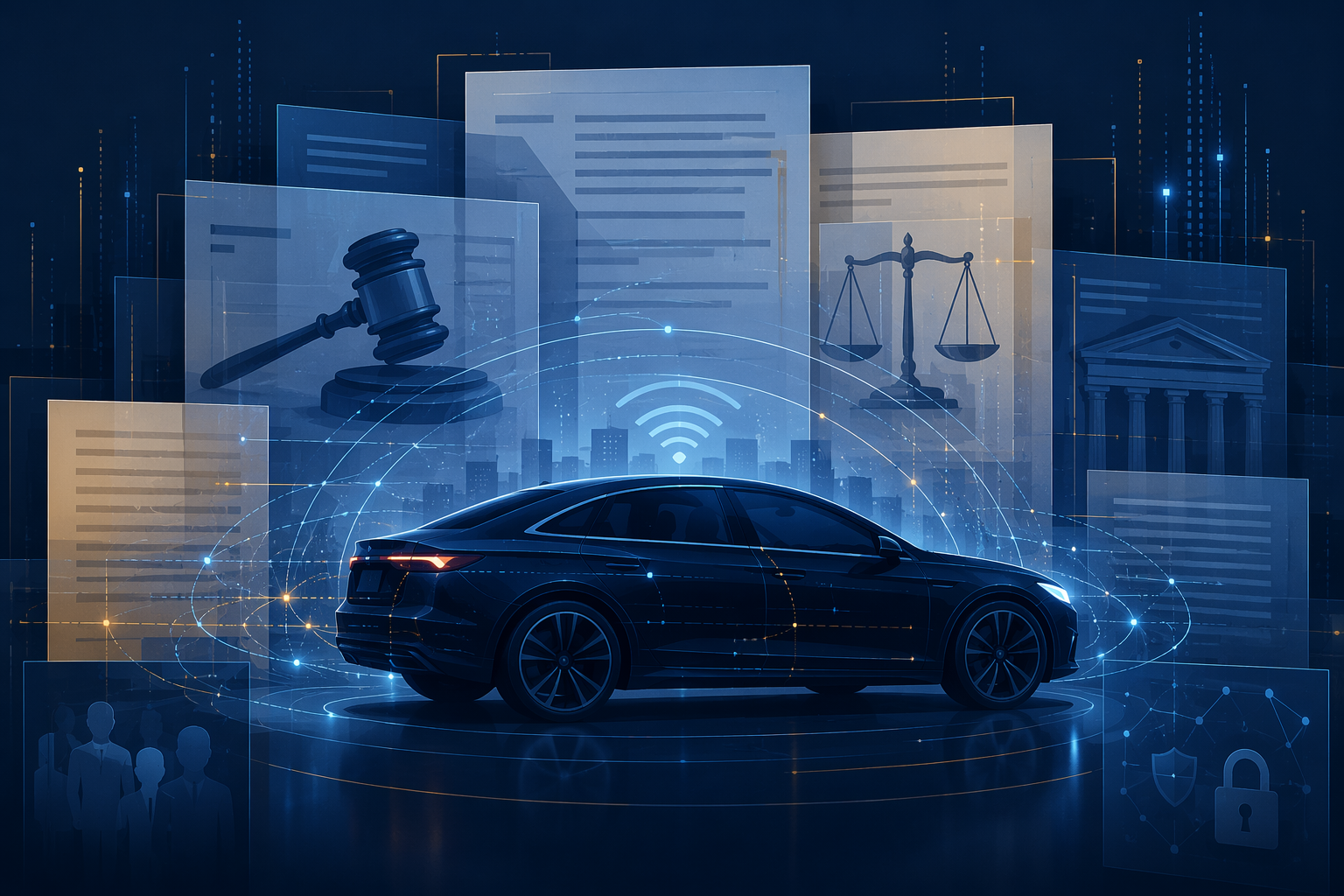Connected vehicle surrounded by legal documents, data streams, gavel, and scales of justice