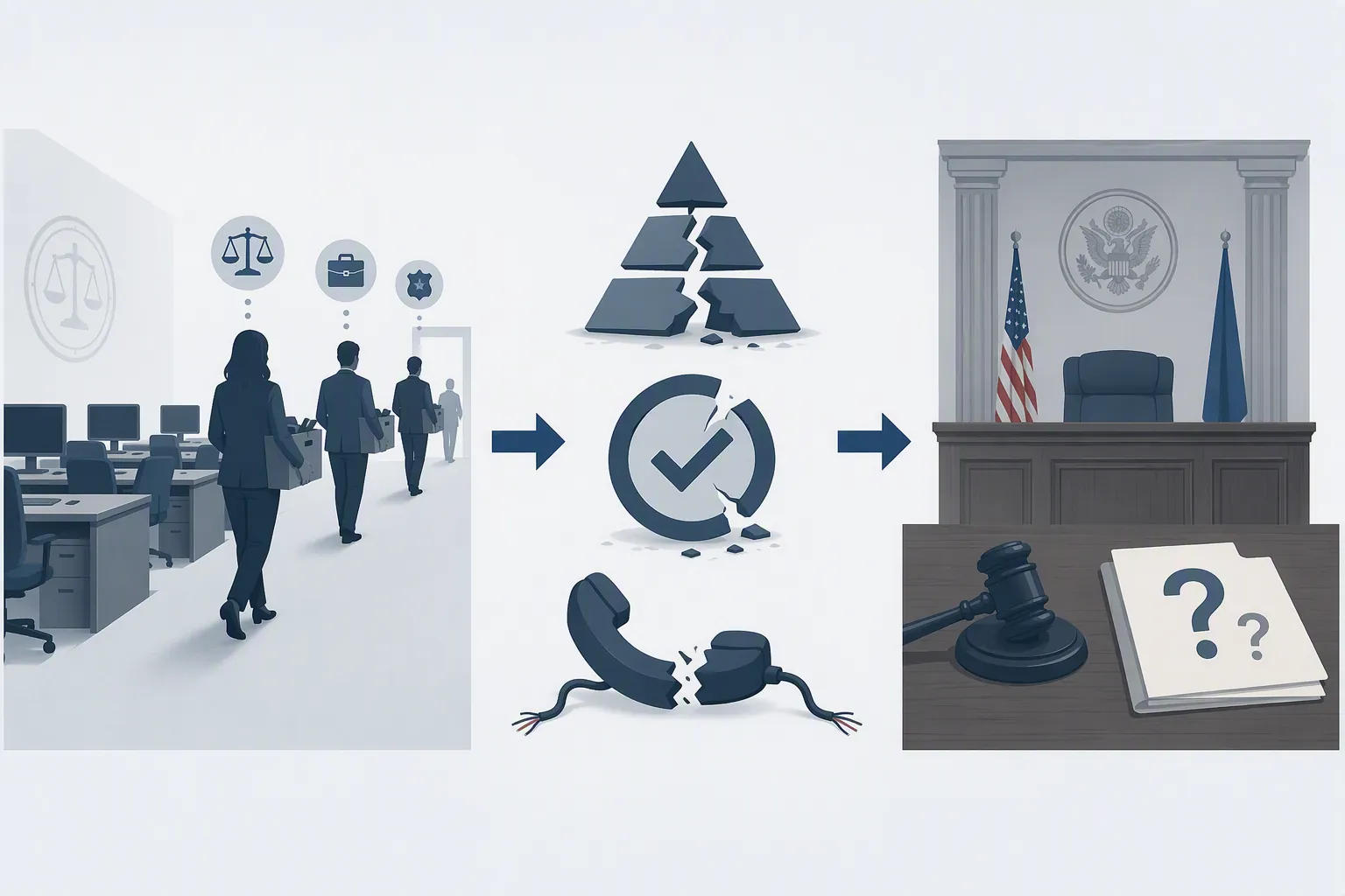 Illustration of attorney losses weakening review structures before reaching a questioned federal courtroom filing