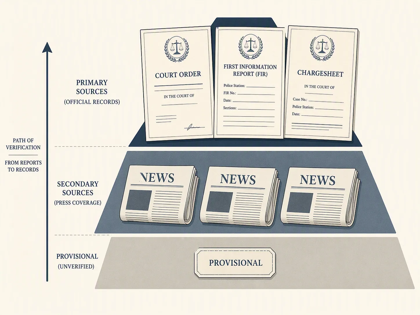Source hierarchy showing court records above news articles and provisional labels