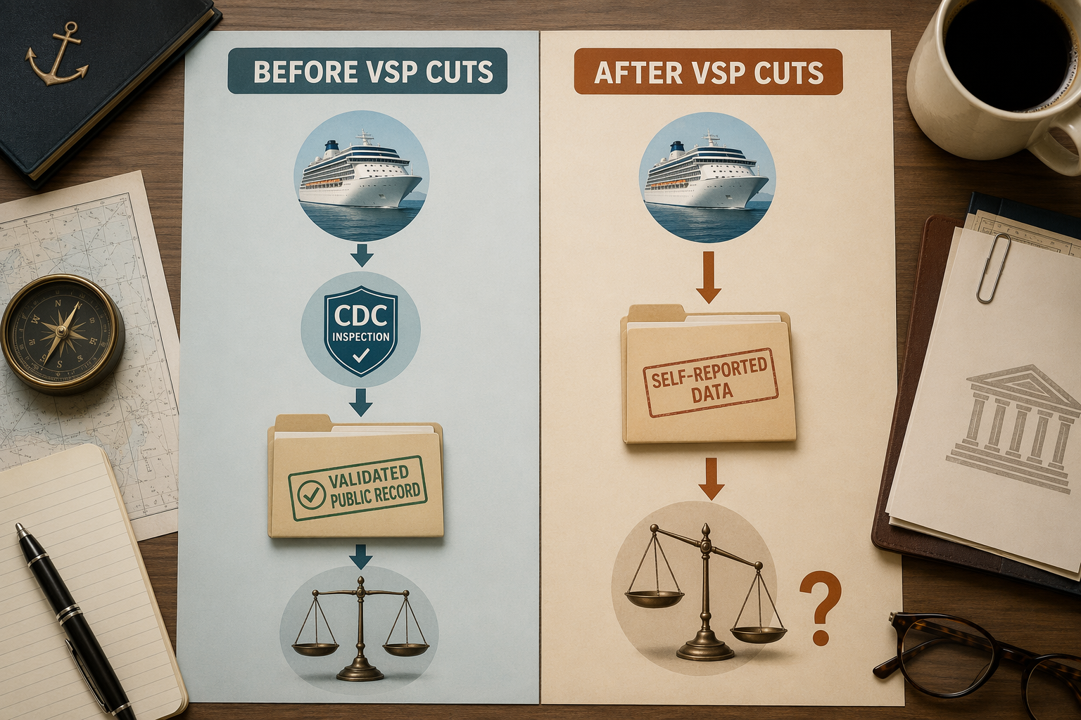 Comparison of cruise outbreak evidence before and after VSP cuts, showing validated public records replaced by self-reported data