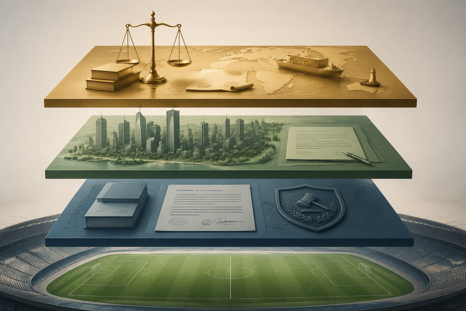 Illustration of three separate legal planes over a football pitch representing FIFA discipline, host city contracts, and maritime law