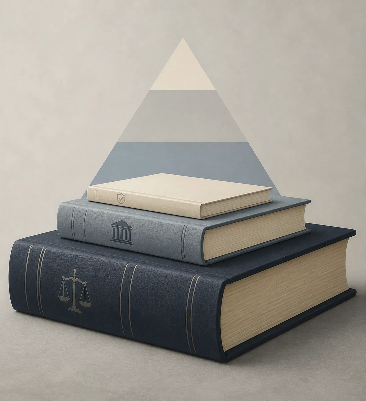 A layered illustration of a statute book, regulation booklet, and policy manual stacked by authority