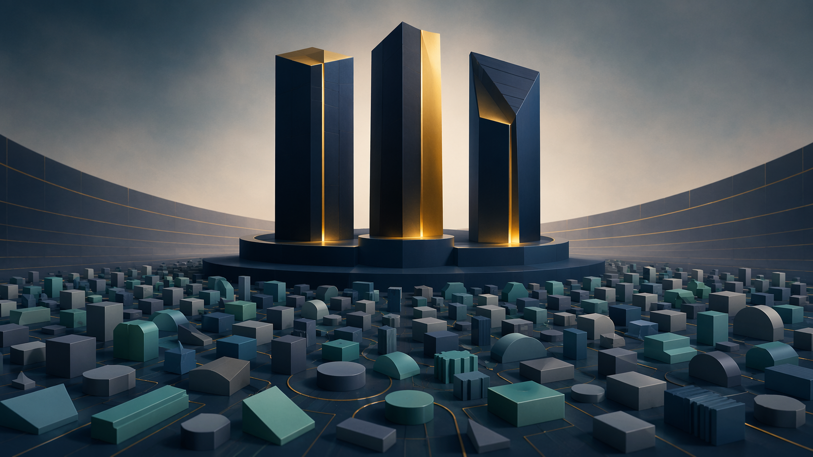 Tall platform shapes above a field of smaller shapes representing concentration and the specialist long tail in legal AI