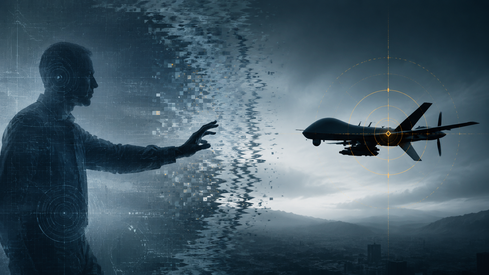 Human silhouette separated from a drone targeting crosshair by a broken interference pattern