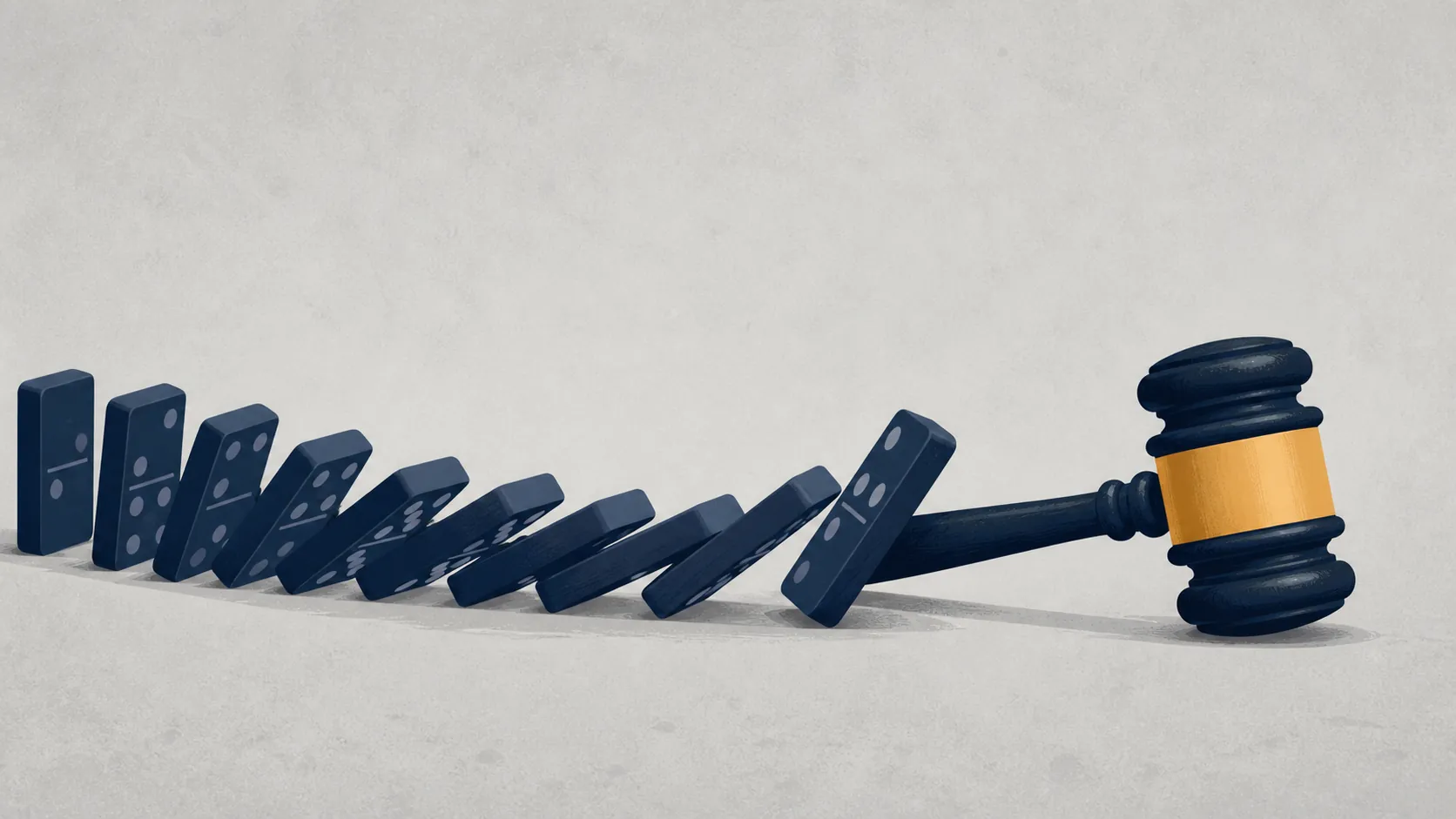 Dominoes falling toward a judge’s gavel to show a funding collapse escalating into a ruling
