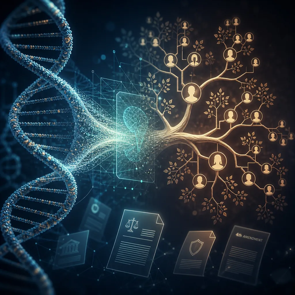 DNA double helix flowing into a genealogical family tree with a computational overlay and Fourth Amendment legal document icons