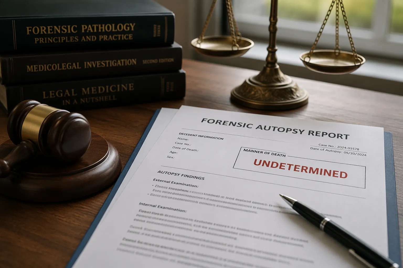Forensic autopsy report marked undetermined beside a gavel, scales of justice, and legal books