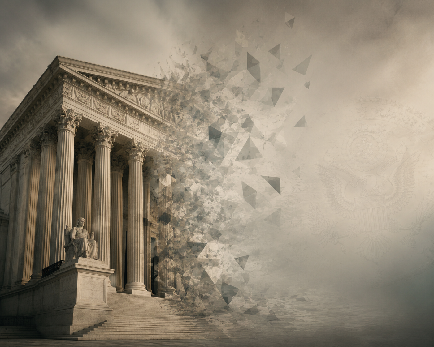 Federal courthouse facade dissolving into empty geometric space