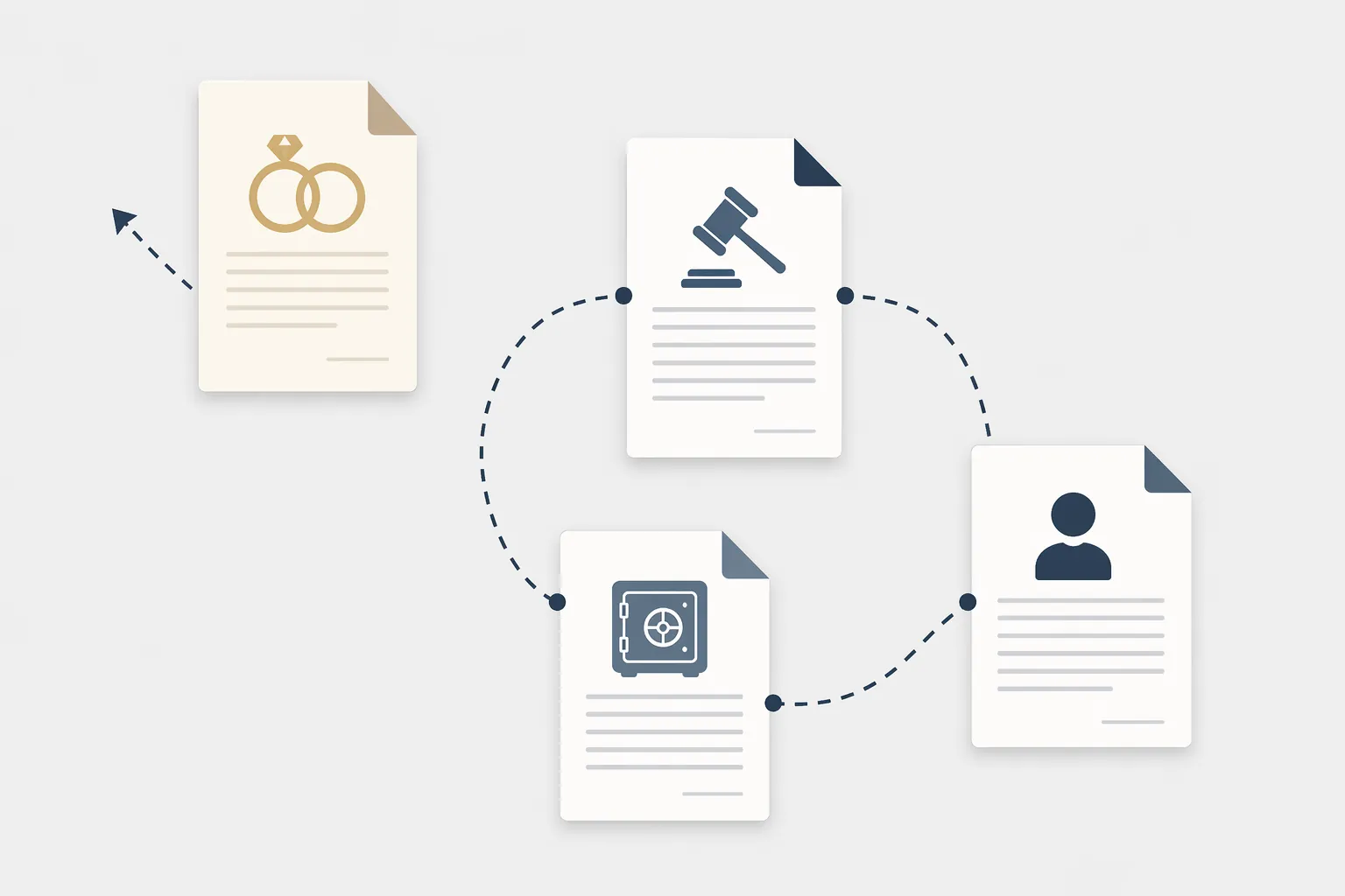 Diagram connecting a prenuptial agreement, will, trust, and beneficiary designation forms