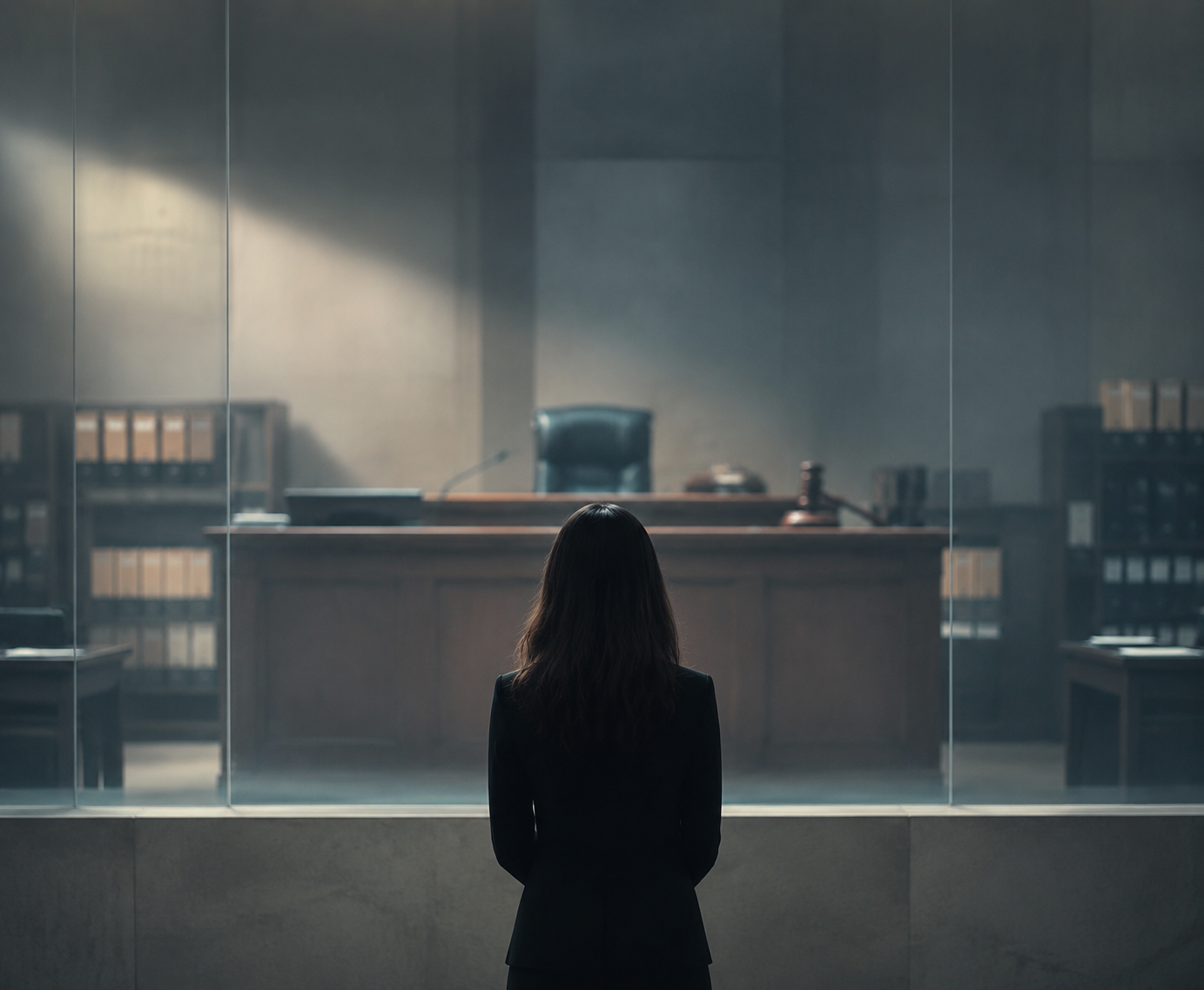 Courtroom scene with a female silhouette separated from legal documents by a translucent barrier